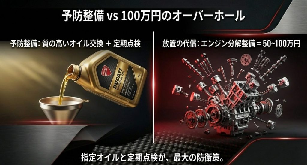 画像タイトル: ドゥカティの予防整備とエンジンオーバーホール費用

代替テキスト: 質の高いオイル交換による予防整備と、放置した場合に発生する100万円規模のエンジンオーバーホール費用の比較