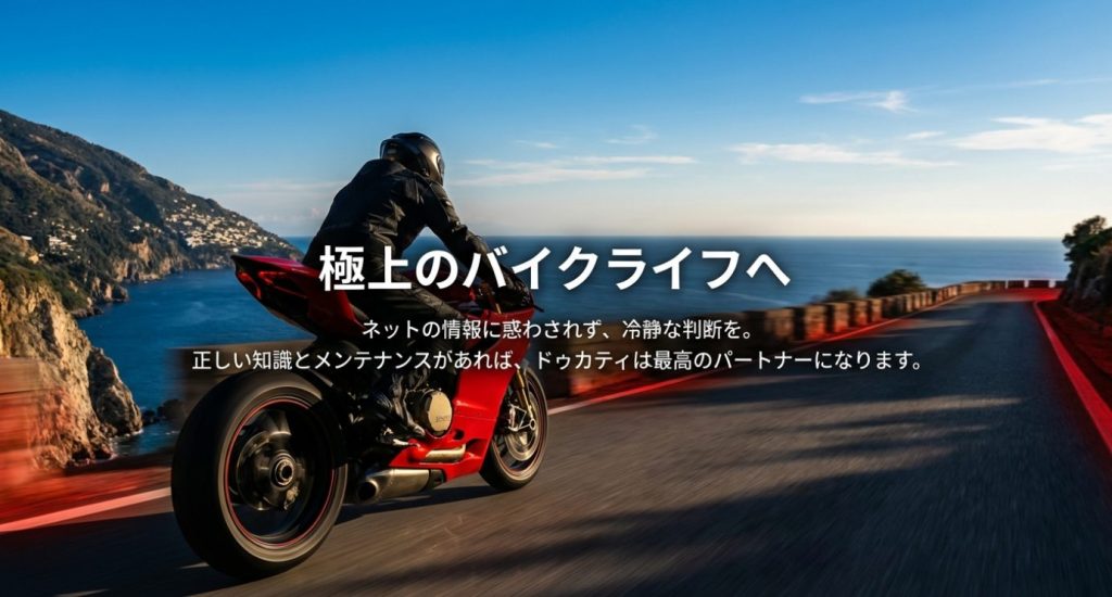 画像タイトル: ドゥカティで極上のバイクライフへ

代替テキスト: 正しい知識とメンテナンスで最高のパートナーになるドゥカティとの極上のバイクライフ