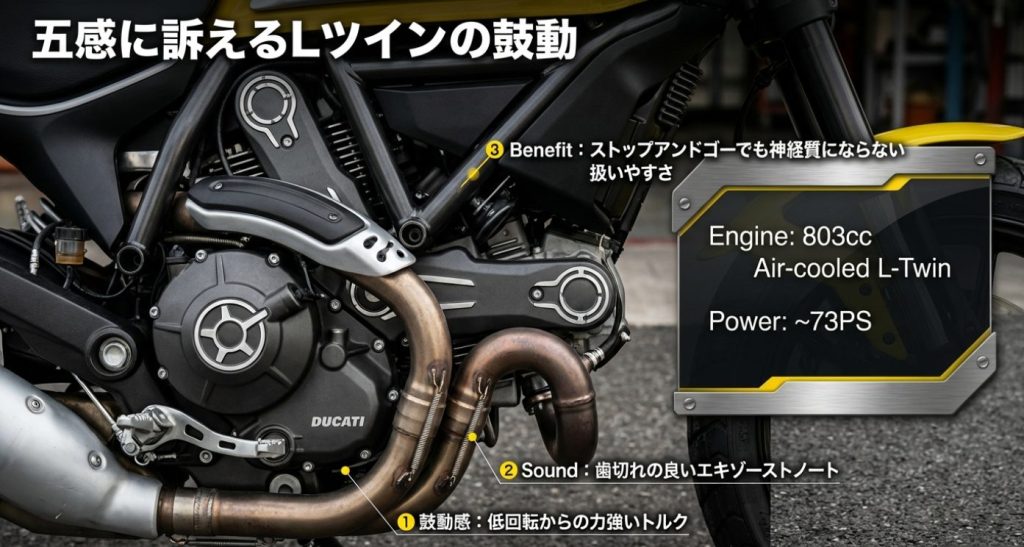 画像タイトル: Lツインエンジンの鼓動と扱いやすさ


代替テキスト: 排気量803cc、約73馬力の空冷Lツインエンジンがもたらす鼓動感と、ストップアンドゴーでの扱いやすさを説明したスライド画像