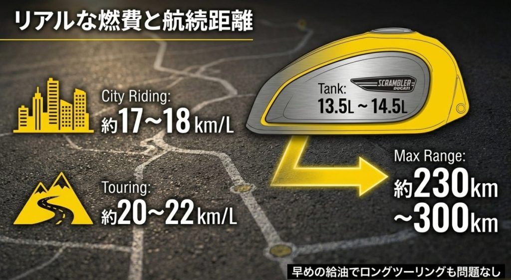 画像タイトル: スクランブラー800のリアルな燃費と航続距離


代替テキスト: 街乗りで約17〜18km/L、最大航続距離約230〜300kmといった、スクランブラー800の実際の燃費とタンク容量を示したスライド画像