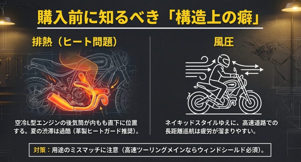 画像タイトル: 構造上の癖（排熱と風圧）


代替テキスト: 空冷L型エンジンの排熱や 、ネイキッドスタイルによる風圧といった購入前に知るべき構造上の癖を解説したスライド画像 。