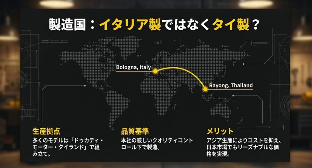 画像タイトル: ドゥカティスクランブラーの製造国


代替テキスト: イタリア製ではなくタイの工場で組み立てることでコストを抑えている背景を解説したスライド画像 。