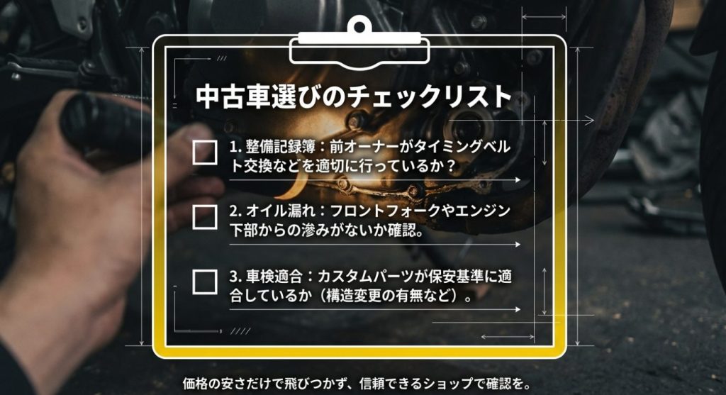 画像タイトル: 中古車選びのチェックリスト


代替テキスト: 整備記録簿の有無 、オイル漏れ 、車検適合など 、スクランブラー800の中古車を選ぶ際のチェックリストをまとめたスライド画像 。
