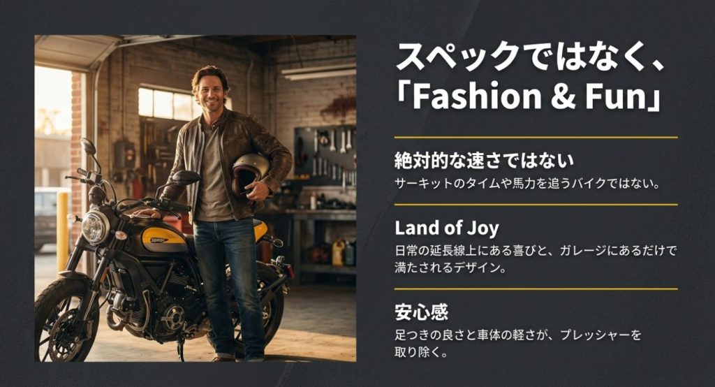 画像タイトル: Fashion & Funのコンセプト


代替テキスト: スペックではなくFashion & Funを追求し 、日常の延長線上にある喜びを提供するLand of Joyのコンセプトを解説したスライド画像 。