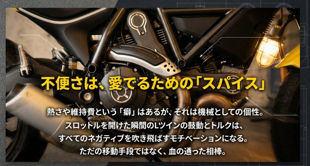 画像タイトル: 愛でるためのスパイス


代替テキスト: 熱さや維持費といった不便さも 、機械としての個性であり愛でるためのスパイスであると解説したスライド画像 。