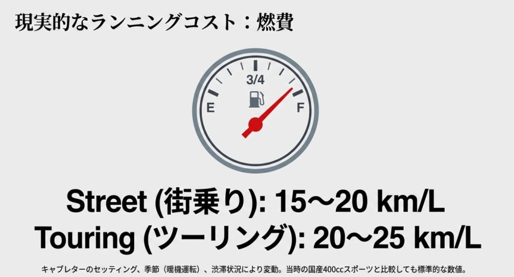 画像タイトル: ducati-400ss-fuel-economy.jpg

代替テキスト: ドゥカティ400SSの現実的な燃費（街乗り15〜20km/L、ツーリング20〜25km/L）