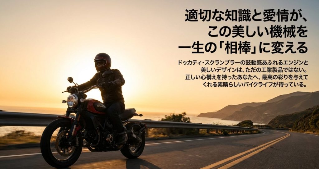 画像タイトル: 適切な知識と愛情で一生の相棒に

代替テキスト: 適切な知識と愛情を持てば、美しいバイクが一生の相棒に変わるというメッセージ