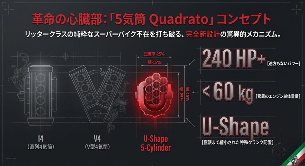 画像タイトル: 革命の心臓部5気筒クアドラート
代替テキスト: 直列4気筒やV型4気筒と比較して極限まで縮小された、重量60kg未満で240馬力を発揮するU字型5気筒エンジンのサイズ比較図