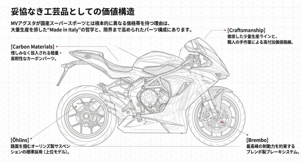 画像タイトル: 妥協なき工芸品としての価値構造
代替テキスト: 少量生産やカーボンパーツ、ブレンボ製ブレーキなどMVアグスタの高付加価値の理由を図解したスライド
