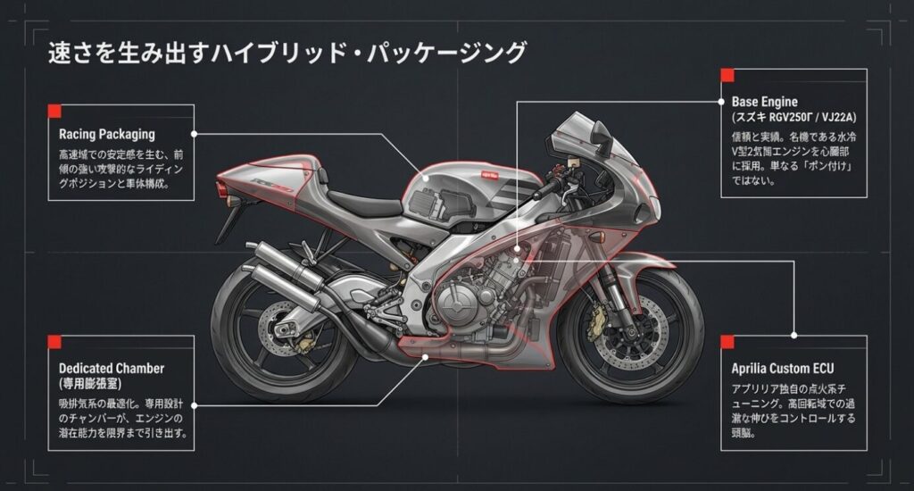 画像タイトル: 速さを生み出すハイブリッド・パッケージング
代替テキスト: ベースエンジン、専用膨張室チャンバー、カスタムECUなどの内部構造を示すバイクの透視図