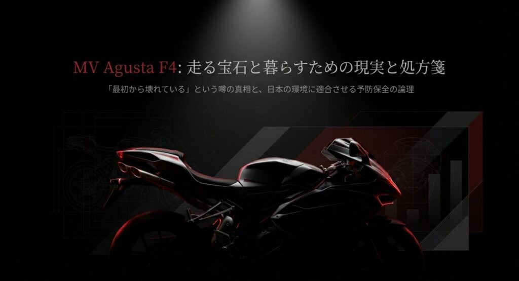 画像タイトル: MVアグスタF4の現実と処方箋
代替テキスト: 暗闇に浮かび上がるMVアグスタF4のシルエットと、走る宝石と暮らすための現実と処方箋というタイトル