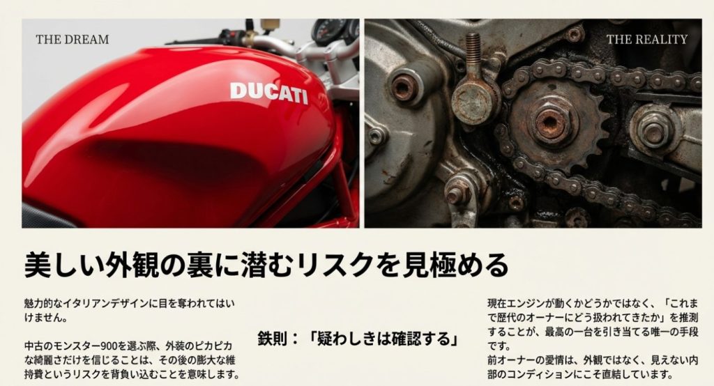 画像タイトル: 美しい外観の裏に潜むリスクを見極める 

代替テキスト: THE DREAMとTHE REALITYという文字が並ぶタイポグラフィ画像