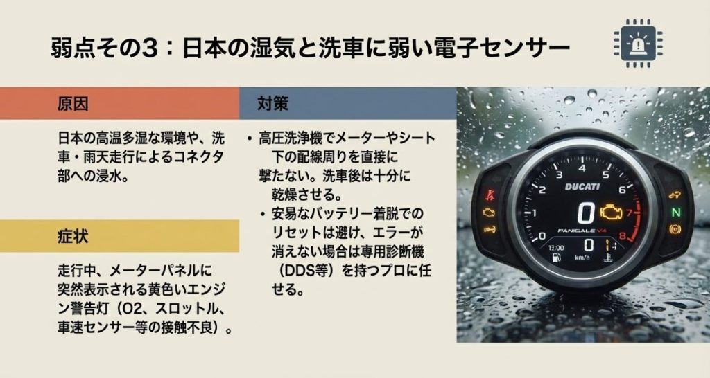 画像タイトル: 湿気と洗車に弱い電子センサー


代替テキスト: 洗車や雨天走行によるセンサー不具合の原因とエラー対策を解説するスライド