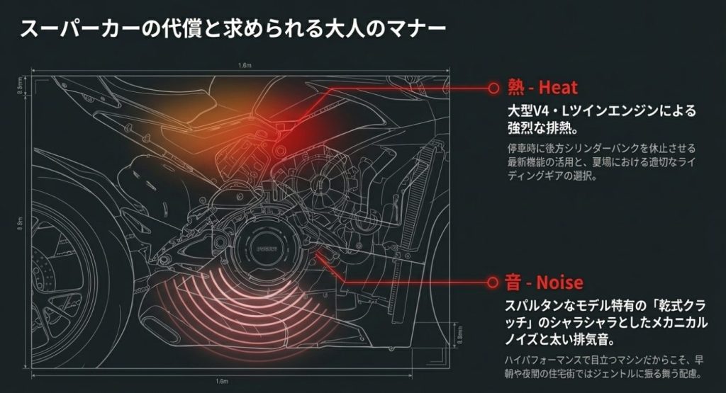 画像タイトル：エンジンの排熱と作動音

代替テキスト：大型エンジンによる強烈な排熱や、メカニカルノイズといった特有の個性とマナーについて解説した図