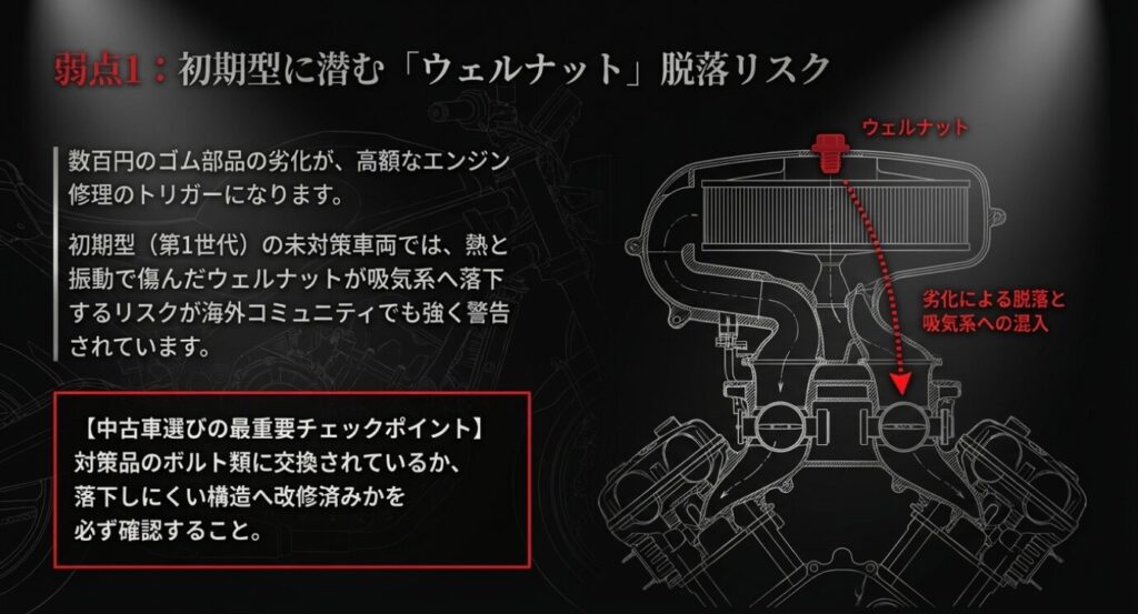 画像タイトル: ウェルナット脱落リスクの図解
代替テキスト: エンジン内部の構造図と、ウェルナットが劣化して吸気系へ落下するリスクを示す赤い矢印