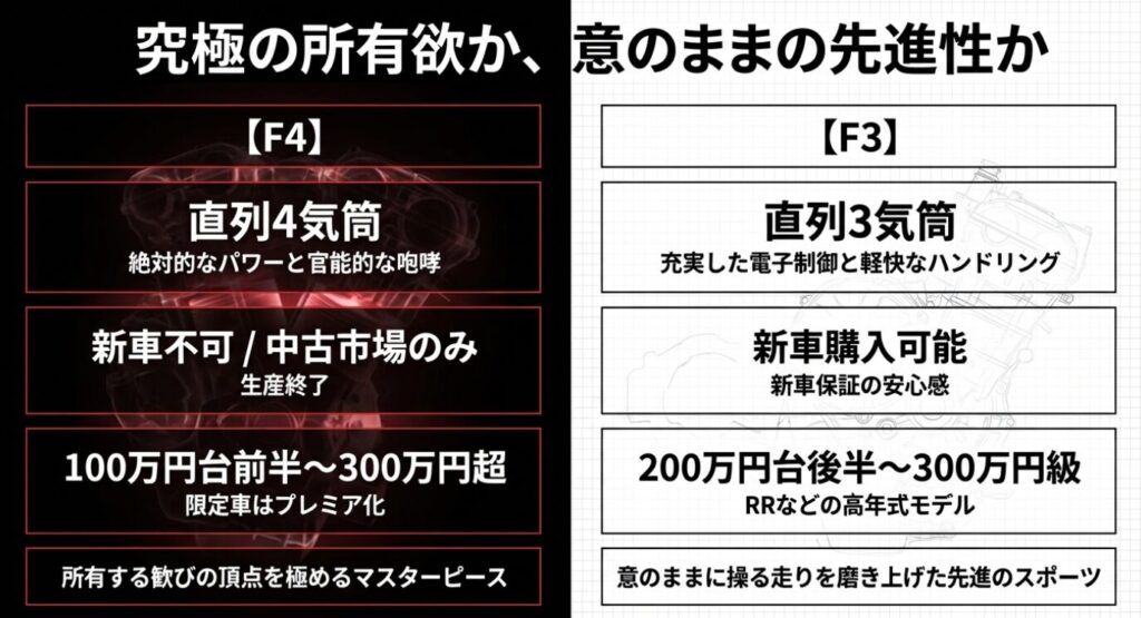 画像タイトル: 所有欲のF4と先進性のF3比較
代替テキスト: 直列4気筒の中古F4と直列3気筒の新車F3における価格帯やキャラクターの違いを比較したスライド
