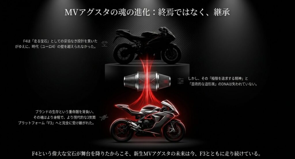 画像タイトル: 魂の継承と未来への進化
代替テキスト: 極限を追求する精神と芸術的な造形美のDNAが次世代プラットフォームへと完全に受け継がれたことを示すメッセージ