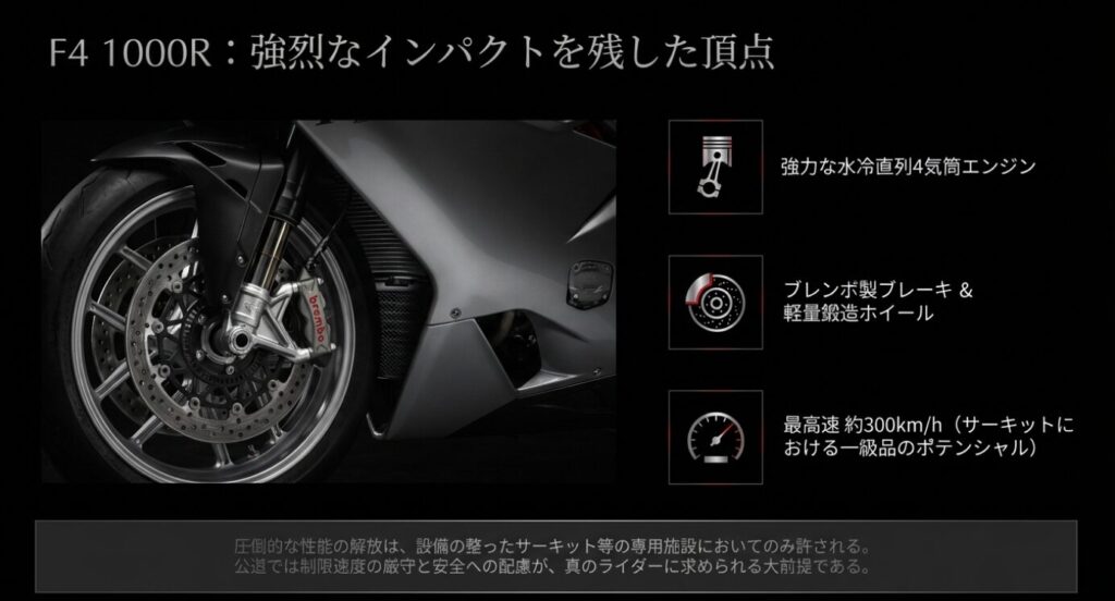 画像タイトル: 1000Rの圧倒的なスペック
代替テキスト: ブレンボ製ブレーキや軽量鍛造ホイールを装備し、最高速約300km/hを誇る水冷直列4気筒エンジンの解説