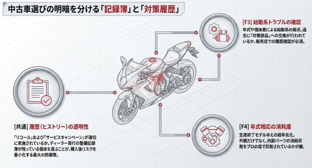 画像タイトル: 中古車選びの明暗を分ける記録簿
代替テキスト: F3の始動系トラブル対策やF4の消耗状態など中古車選びにおける整備記録簿確認の重要性を解説したスライド