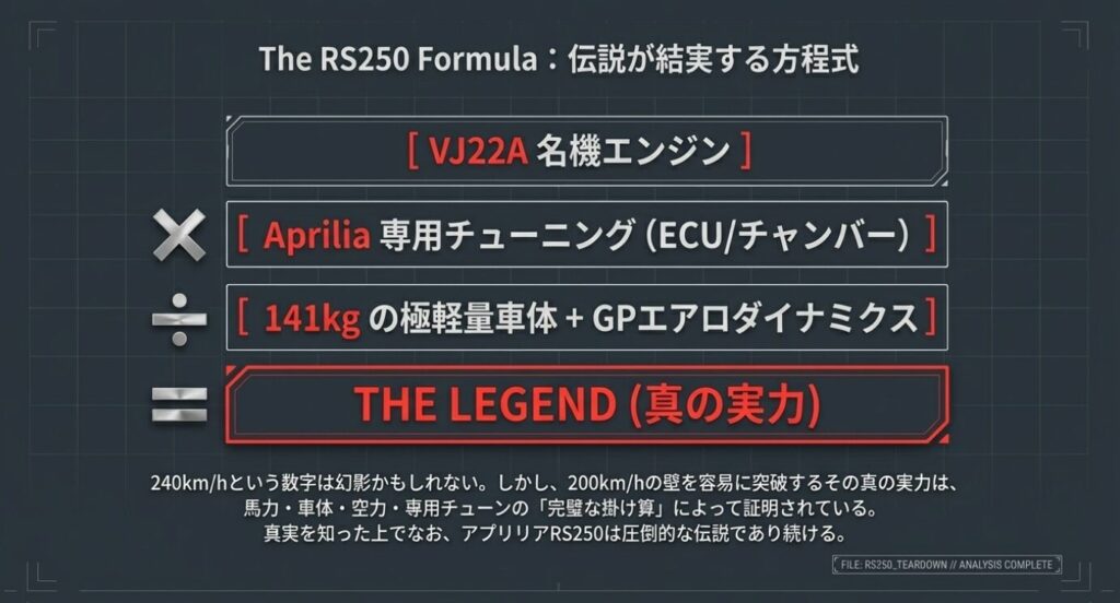 画像タイトル: 伝説が結実する方程式
代替テキスト: 名機エンジン、専用チューニング、極軽量車体と空力設計の掛け算が真の実力を生み出すことを示すテキストまとめ