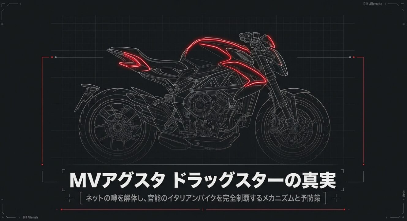 ダークトーンの背景に赤いネオンのラインで浮かび上がる、MVアグスタ ドラッグスターのシルエットグラフィック。「MVアグスタ ドラッグスターの真実：ネットの噂を解体し、官能のイタリアンバイクを完全制覇するメカニズムと予防策」というタイトルテキストが記載されています。
