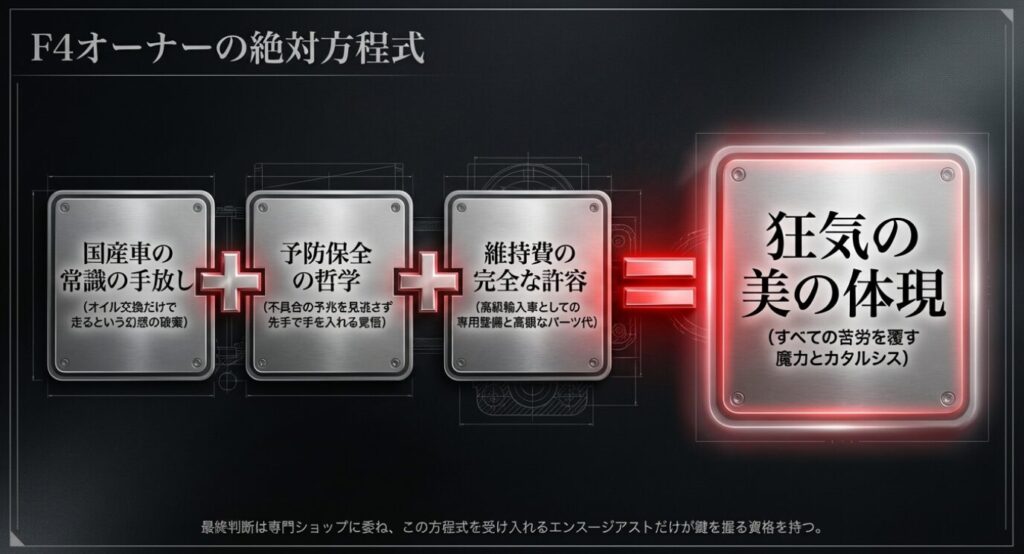 画像タイトル: オーナーの絶対方程式
代替テキスト: 国産車の常識の手放しと維持費の完全な許容が、狂気の美の体現につながるという方程式の図解