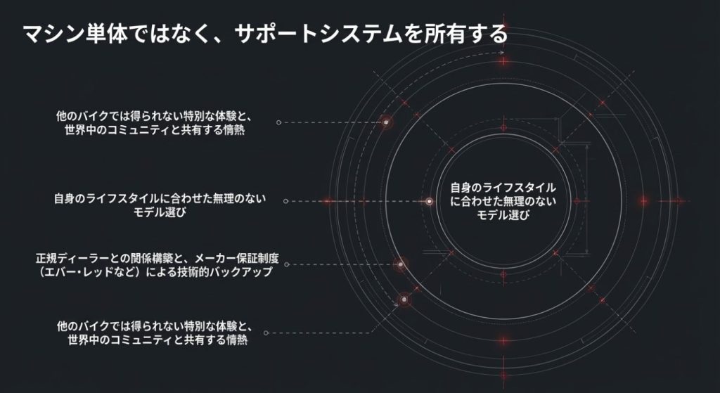 画像タイトル：所有後のサポートシステム

代替テキスト：無理のないモデル選びや正規ディーラーとの関係構築など、マシン単体ではなくサポートシステムを所有することを表した図
