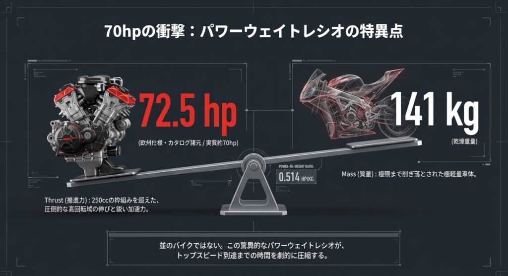 画像タイトル: 驚異のパワーウェイトレシオ
代替テキスト: 72.5hpの高出力エンジンと141kgの軽量な車体がシーソーに乗ってバランスを取っている3Dイラスト