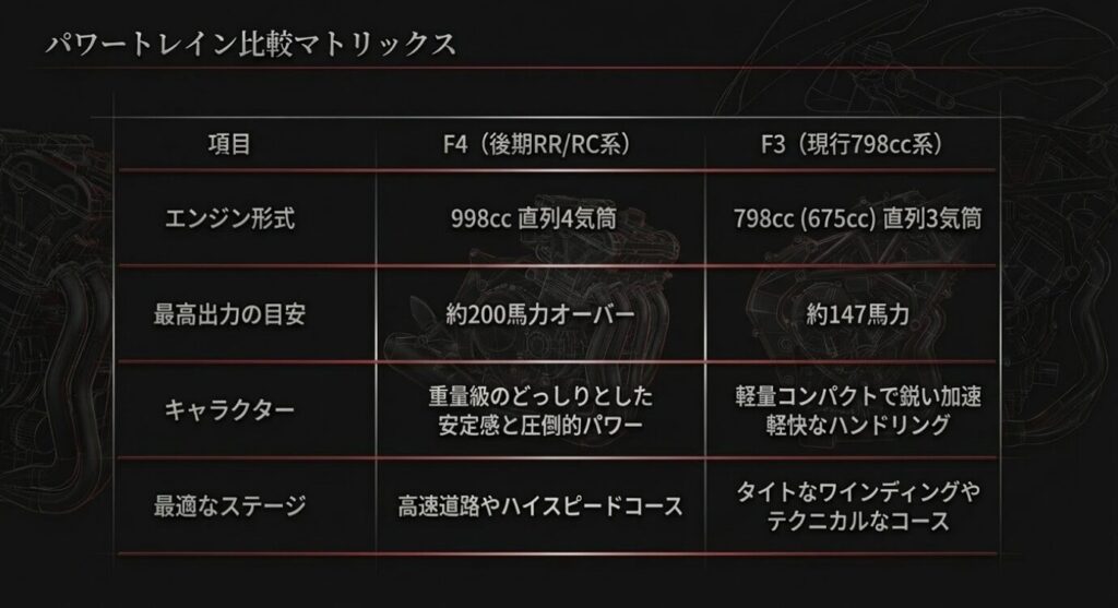画像タイトル: パワートレイン比較マトリックス
代替テキスト: F4とF3のエンジン形式、最高出力、キャラクター、最適なステージを比較した表