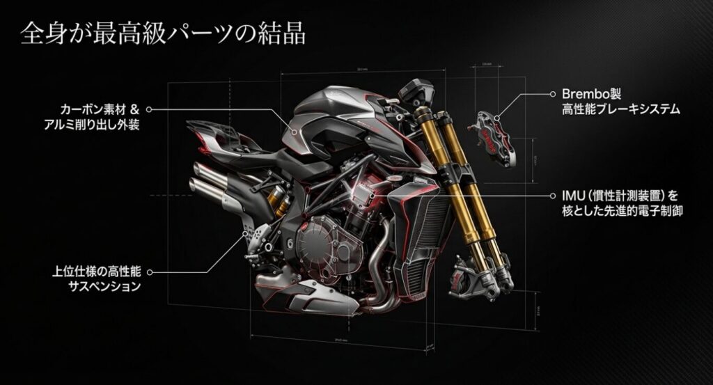 画像タイトル: バイクを構成する最高級パーツの結晶
代替テキスト: カーボン素材、アルミ削り出し外装、高性能サスペンション、Brembo製ブレーキ、IMU電子制御など、バイクの全身が最高級パーツで構成されていることを示す図解