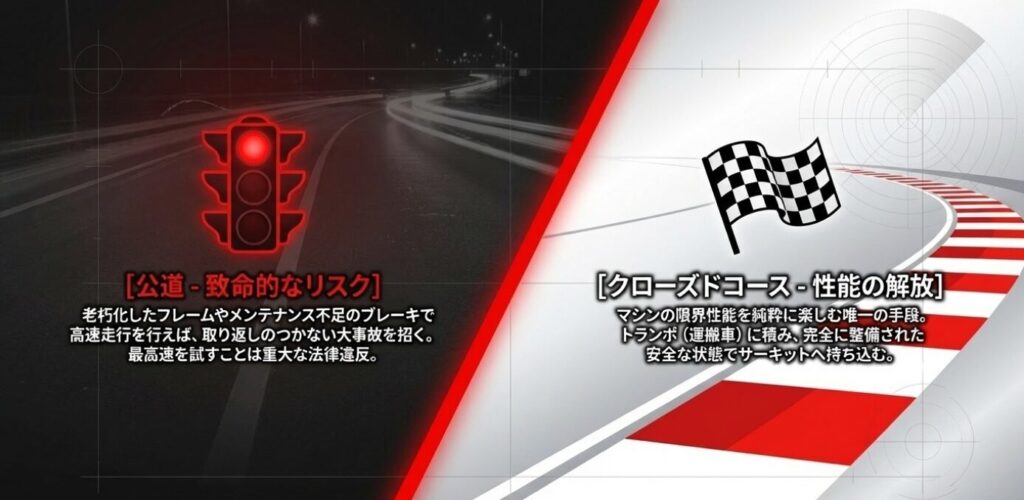 画像タイトル: 公道走行のリスクとサーキットの推奨
代替テキスト: 致命的なリスクを伴う公道走行と、性能を安全に解放できるクローズドコースの違いを説明した警告テキスト
