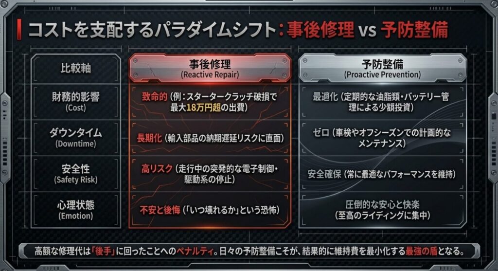画像タイトル: 事後修理と予防整備の比較表
代替テキスト: 財務的影響、ダウンタイム、安全性、心理状態の4軸で事後修理と予防整備を比較したマトリクス表