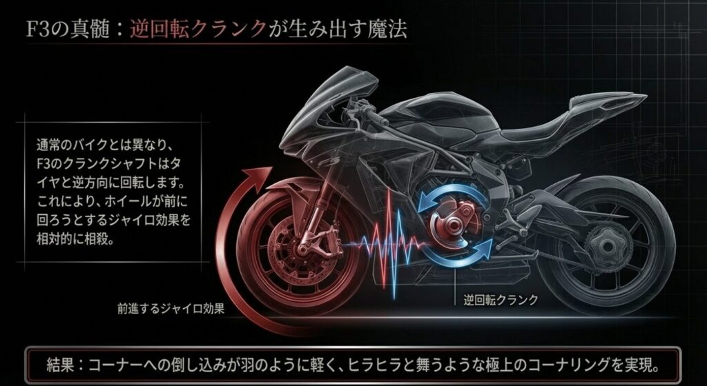 画像タイトル: F3の逆回転クランクが生み出す魔法
代替テキスト: F3の逆回転クランクがジャイロ効果を相殺し軽快なコーナリングを実現する仕組みの図解