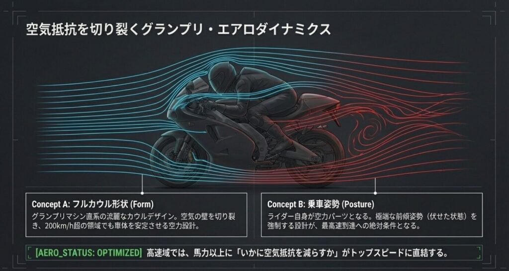 画像タイトル: グランプリ・エアロダイナミクス
代替テキスト: 極端な前傾姿勢で乗車するライダーとフルカウルが空気の壁を切り裂く様子を描いた風洞実験風のイラスト