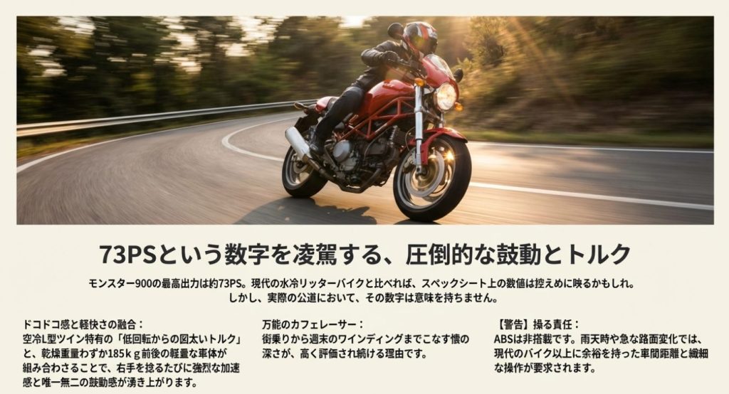 画像タイトル: 数字を凌駕する圧倒的な鼓動とトルク 

代替テキスト: 山道のカーブを勢いよく駆け抜ける赤いネイキッドバイクの走行シーン