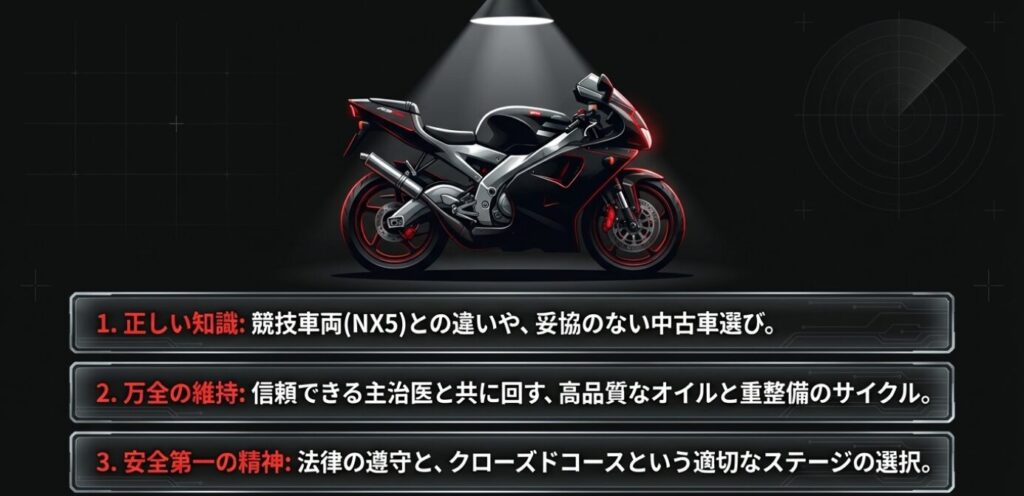 画像タイトル: 名車を楽しむための3つの柱
代替テキスト: 暗闇に佇む美しいスポーツバイクの画像と、正しい知識・万全の維持・安全第一の精神という3つの結論テキスト