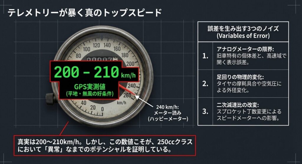 画像タイトル: テレメトリーが暴く真のトップスピード
代替テキスト: メーター読みの240km/hとGPS実測値の200〜210km/hの差を示すグラフと、誤差を生む3つの物理的要因の解説