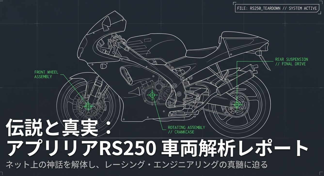 アプリリアRS250の全体構造を青焼き風のワイヤーフレームで描いた設計図。「伝説と真実：アプリリアRS250 車両解析レポート」「ネット上の神話を解体し、レーシング・エンジニアリングの真髄に迫る」というテキストとともに、前後ホイールやサスペンション、クランクケースなどの主要パーツが示されている、レーシングマシンの真髄に迫るアイキャッチ画像です。