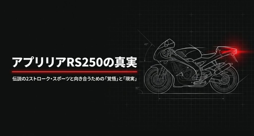 画像タイトル: アプリリアRS250の真実と覚悟
代替テキスト: 黒い背景に赤いテールライトが光るスポーツバイクのワイヤーフレーム図解