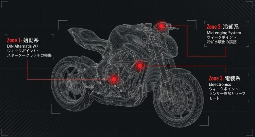 画像タイトル: 3つの主要なウィークポイント
代替テキスト: バイクの車体透視図に、始動系・冷却系・電装系の3つの弱点箇所が赤いハイライトで示された図解