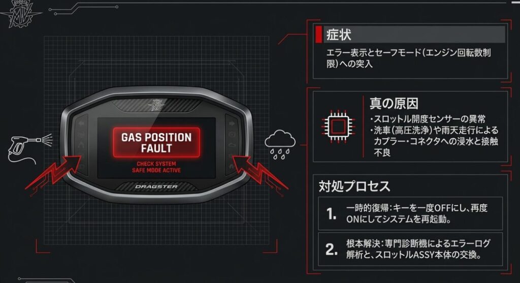 画像タイトル: エラー表示と電装系トラブルの対処法
代替テキスト: エラー表示画面のイメージと、スロットル開度センサー異常などの原因や対処プロセスを示すテキスト