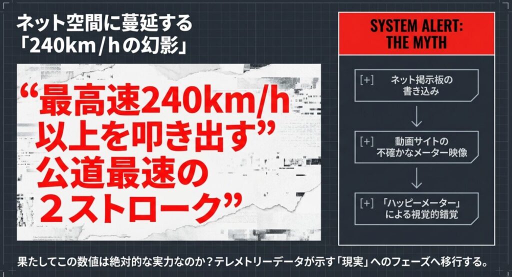 画像タイトル: 最高速240km/hの神話
代替テキスト: 「最高速240km/h以上を叩き出す公道最速の2ストローク」と書かれた赤い衝撃的なテキスト