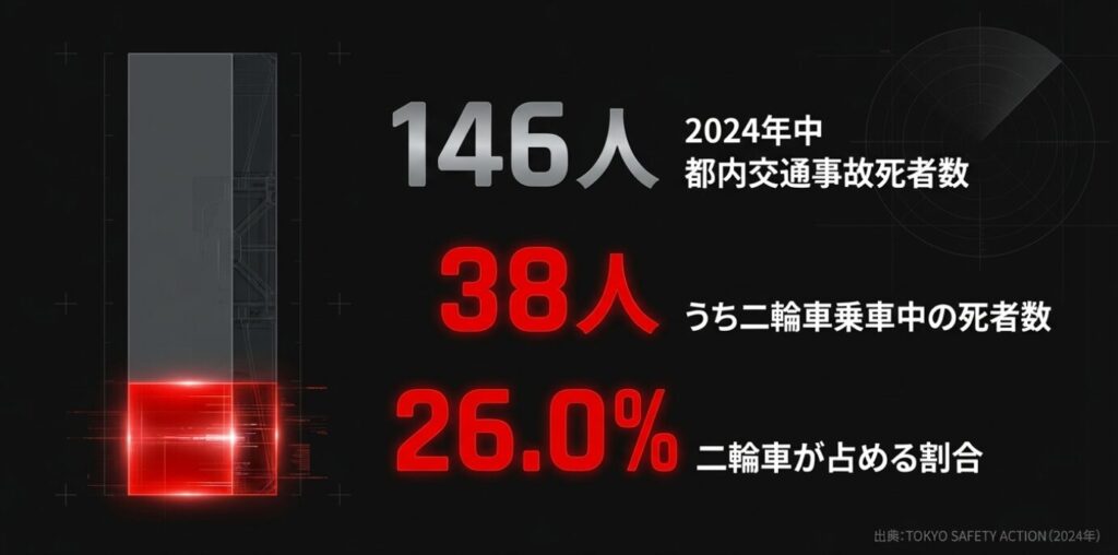 画像タイトル: 二輪車の交通事故統計データ
代替テキスト: 2024年中の都内交通事故死者数において二輪車が26.0%を占めることを示す棒グラフと警告文