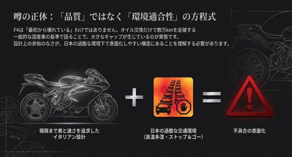 画像タイトル: 故障の噂の正体と環境適合性
代替テキスト: イタリアン設計と日本の過酷な環境が合わさることで不具合が表面化する方程式の解説図