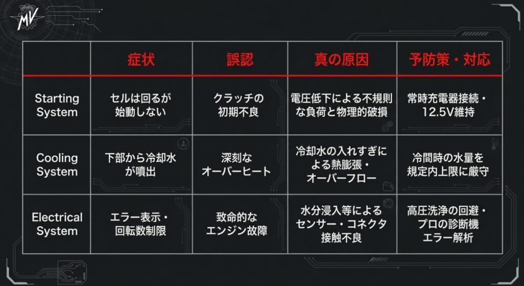 画像タイトル: トラブル症状と予防策の早見表
代替テキスト: 始動系、冷却系、電装系の症状・誤認・原因・予防策をまとめた一覧表