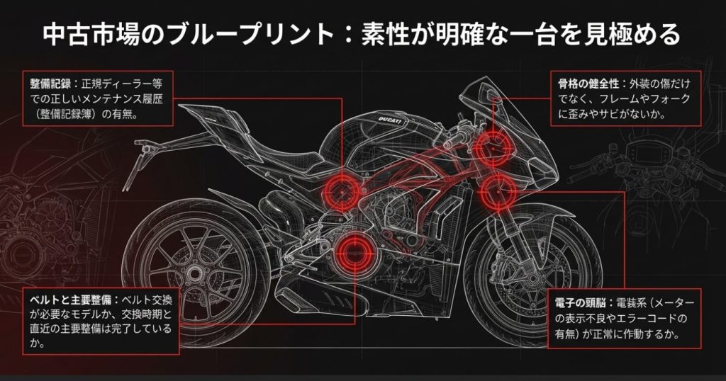 画像タイトル： 中古バイク選びのチェックポイント

代替テキスト： 整備記録の有無、骨格の健全性、ベルト交換時期、電装系の正常作動など、素性が明確な中古車を見極めるポイント