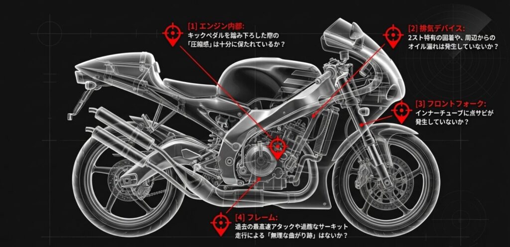 画像タイトル: 中古スポーツバイクの確認ポイント
代替テキスト: バイクの透視図に、エンジン内部や排気デバイスなど4つの重要なチェック箇所を赤いターゲットマークで示した図