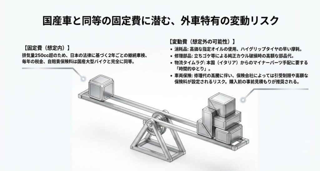 画像タイトル: 外車特有の変動リスクと維持費
代替テキスト: 国産車と同等の固定費に対し高価な消耗品や修理代などの変動費リスクをまとめたスライド