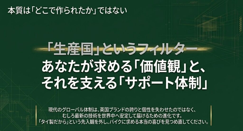 画像タイトル: 本質は「どこで作られたか」ではない
代替テキスト: 生産国という先入観を外し、価値観とサポート体制を重視すべきというメッセージ