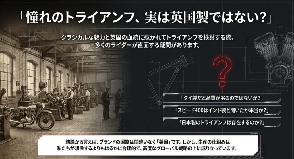 画像タイトル: トライアンフの生産国に関するよくある疑問と結論
代替テキスト: タイ製やインド製に対する疑問と、英国ブランドのグローバル戦略に関する結論